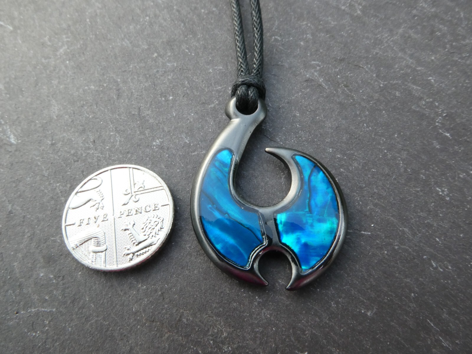 New Zealand Abalone Paua Shell Maori Koru Pendant 18″/46cm Black Cord Necklace