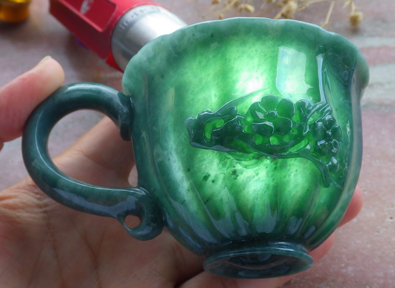 Video Certified Green A Jade jadeite Display Flower Cup Jewelly Box 670335 AS