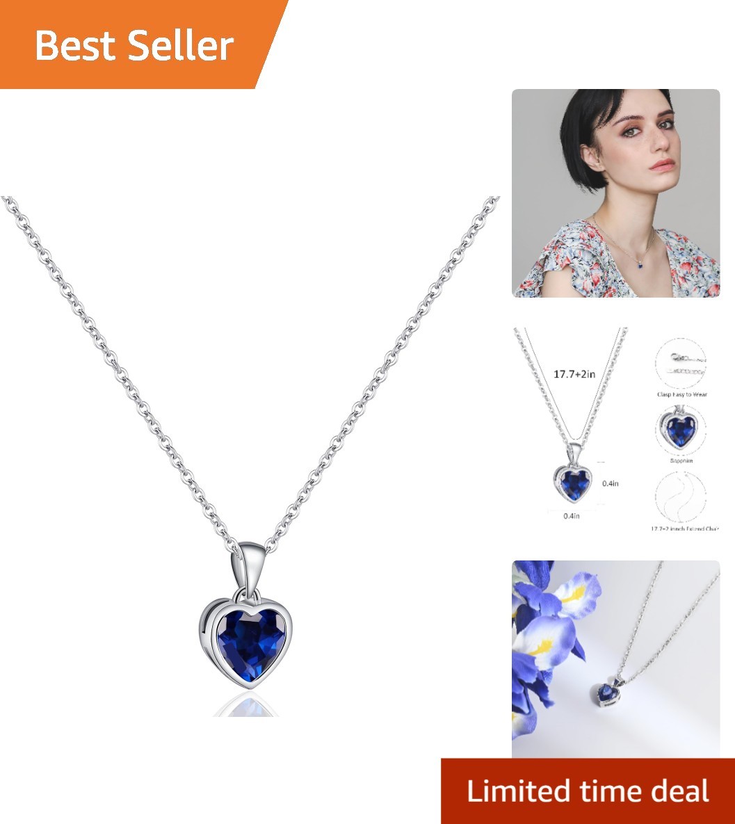 Classic Sapphire Heart Pendant Necklace in Sterling Silver – Adjustable 18-20″