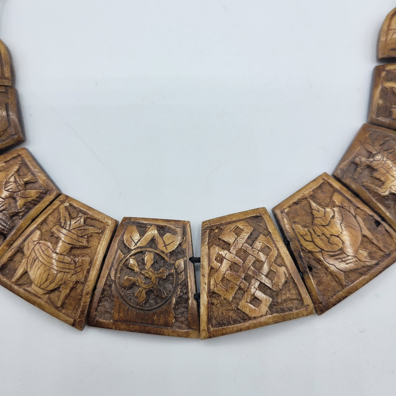 Nepal 8 Auspicious Symbols Hand Carved Necklace Yak Bone 16 in