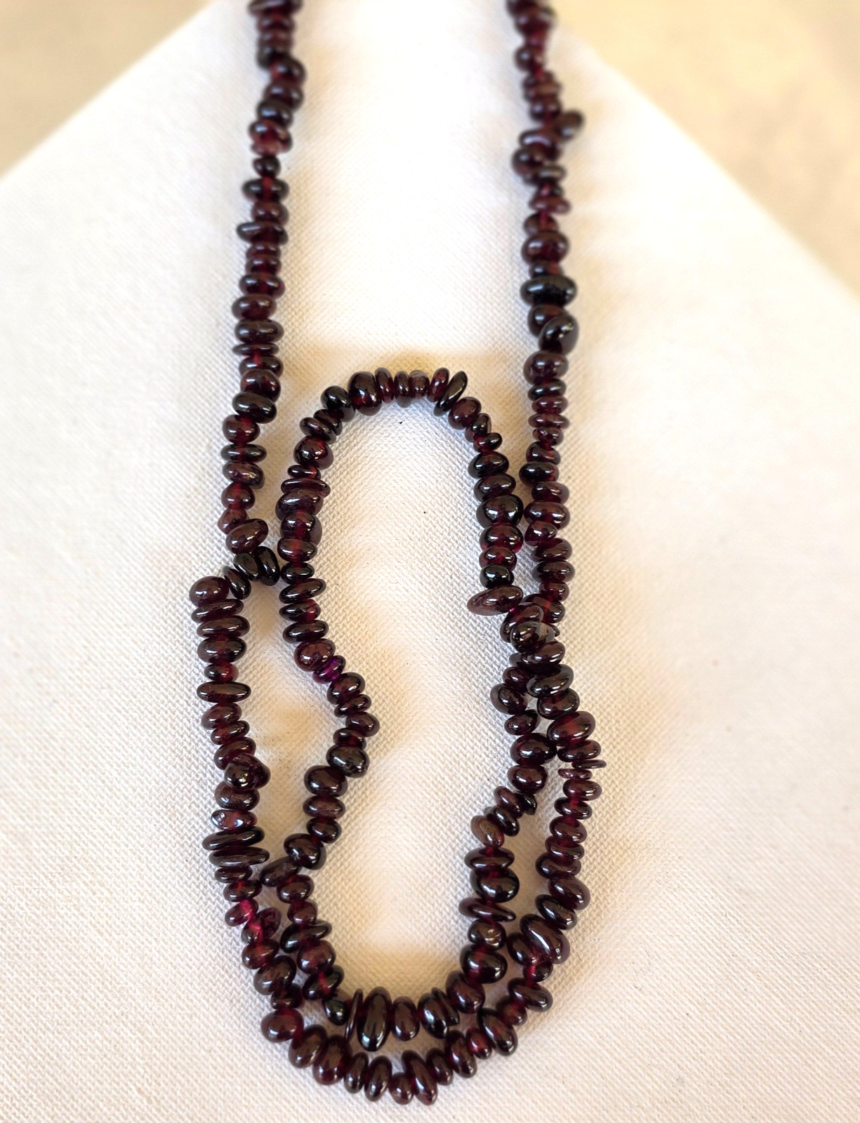 Vintage Natural Red Garnet Nugget Bead Beaded Necklace Original Silk Satin Bag
