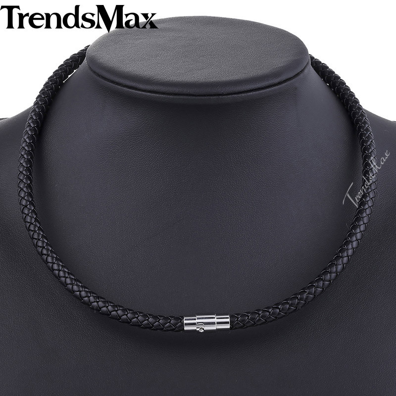 4/6/8mm 16″-36″ Black Braided Leather Cord Necklace Choker Steel Magnetic Clasp