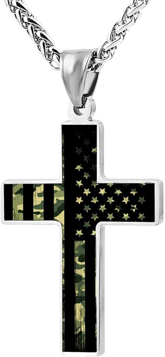 American Flag Patriotic Cross Pendant Necklace Christian Religious Men&women