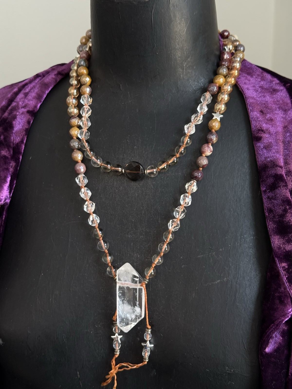 Clear quartz mookaite Jasper citrine Smokey quartz beaded mala necklace pendant
