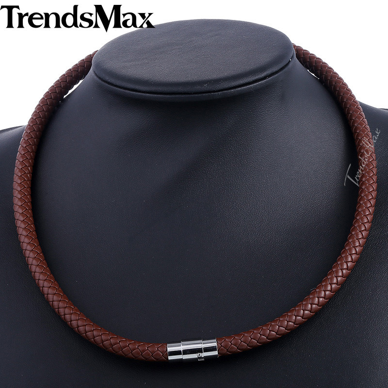 4/6/8mm 16″-36″ Black Braided Leather Cord Necklace Choker Steel Magnetic Clasp
