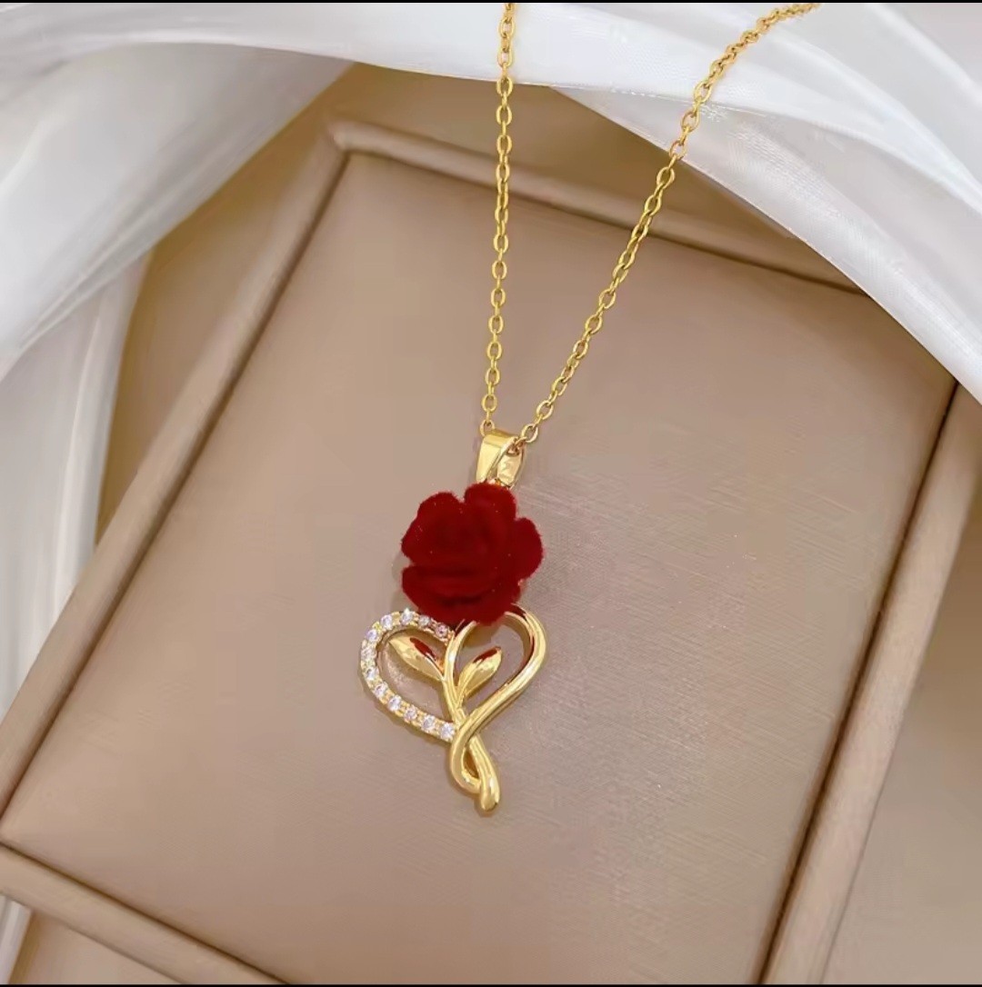 2 Yellow Gold Plated Heart Red Rose Pendant CZ Necklace 40+5cm Adjustable