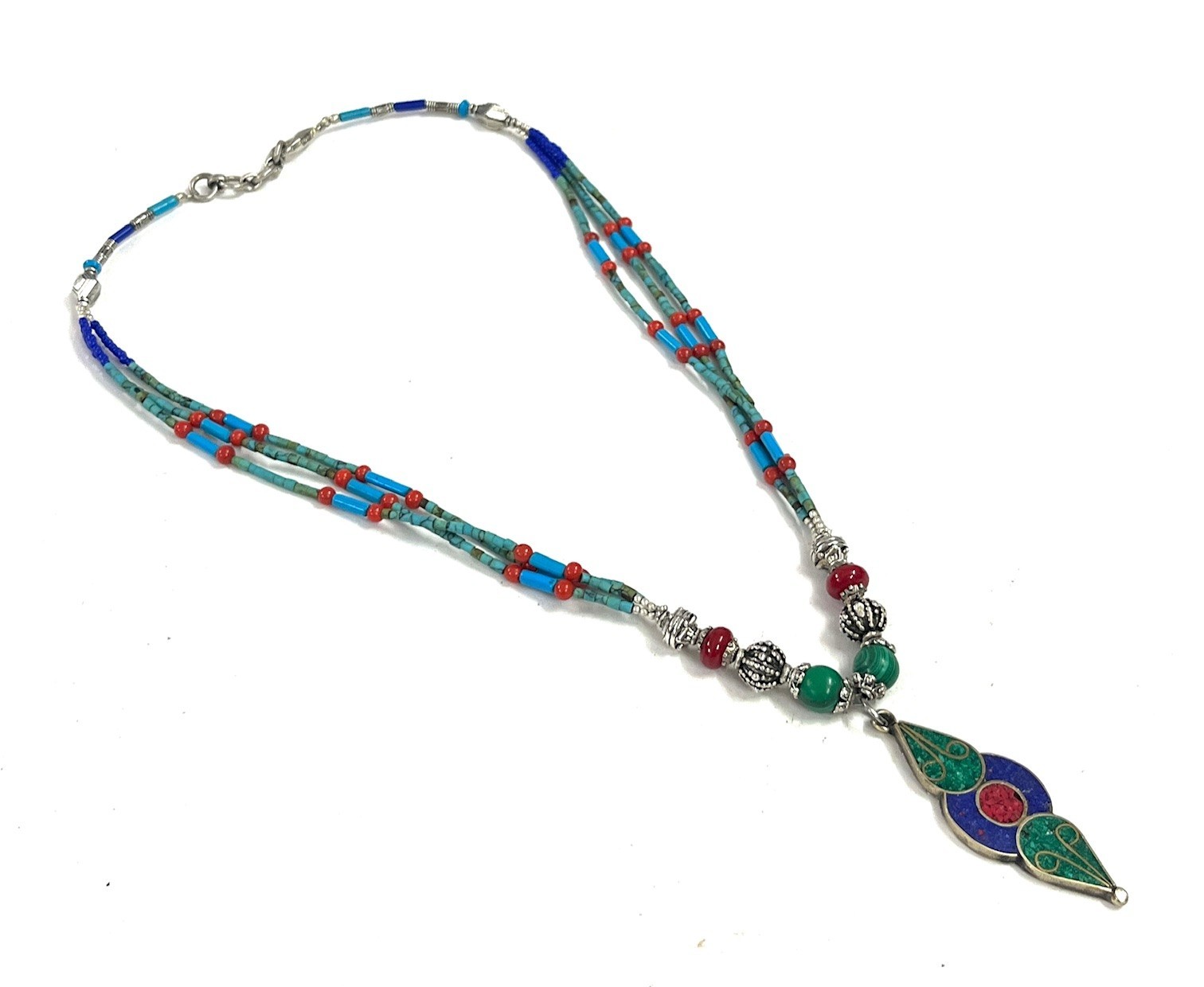 Turquoise Coral Gemstone Tibetan Bohemian Necklace Jewelry, 18 Inc Adjst