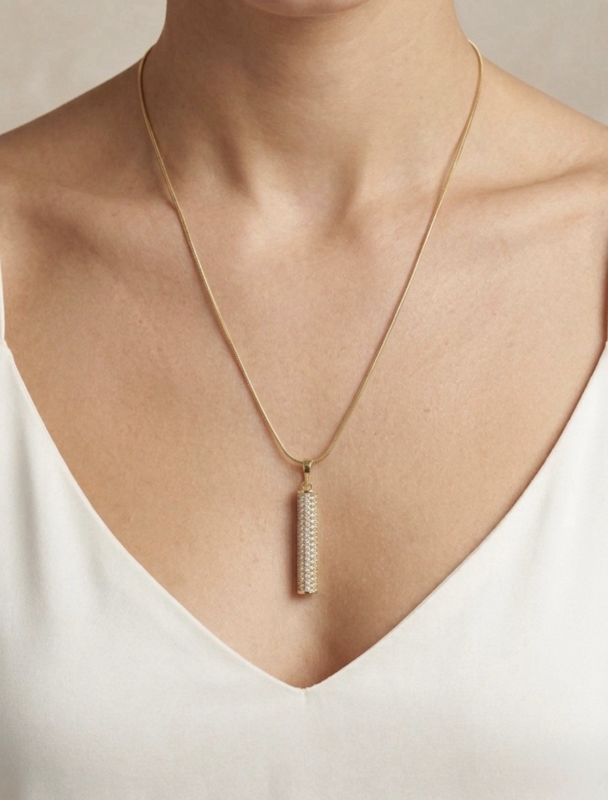 14K Gold Plated Vertical CZ Bar Pendant w/ Snake Chain Necklace | Dainty Jewelry
