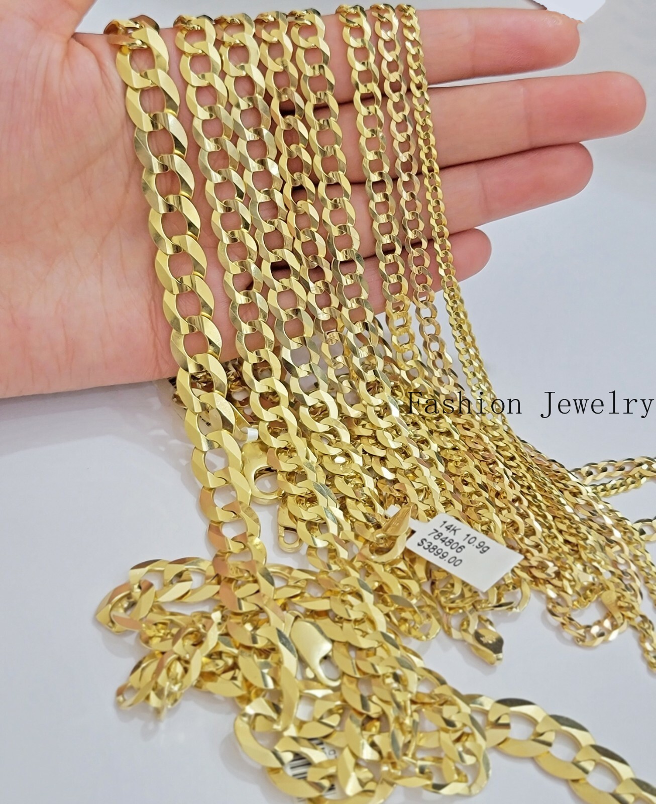 14K Yellow Gold Solid 3mm-10mm Curb Cuban Chain Link Necklace Bracelet 7″- 30″