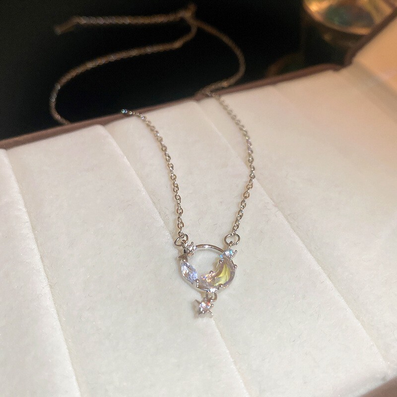 Pearl Color Moon Stone Cubic Zirconia Star Necklace Silver Chain Necklace 3483