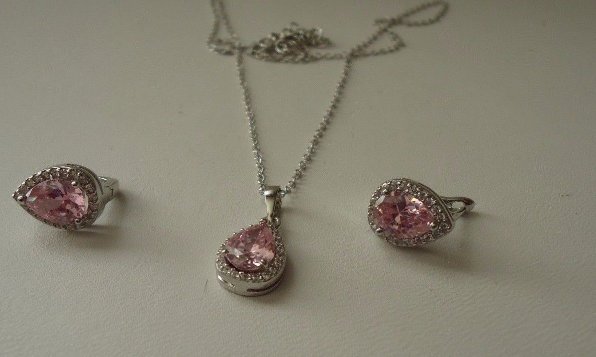 7.20 CT PINK / WHITE LAB SIMULANT DIAMOND PENDANT & EARRING SET STERLING SILVER