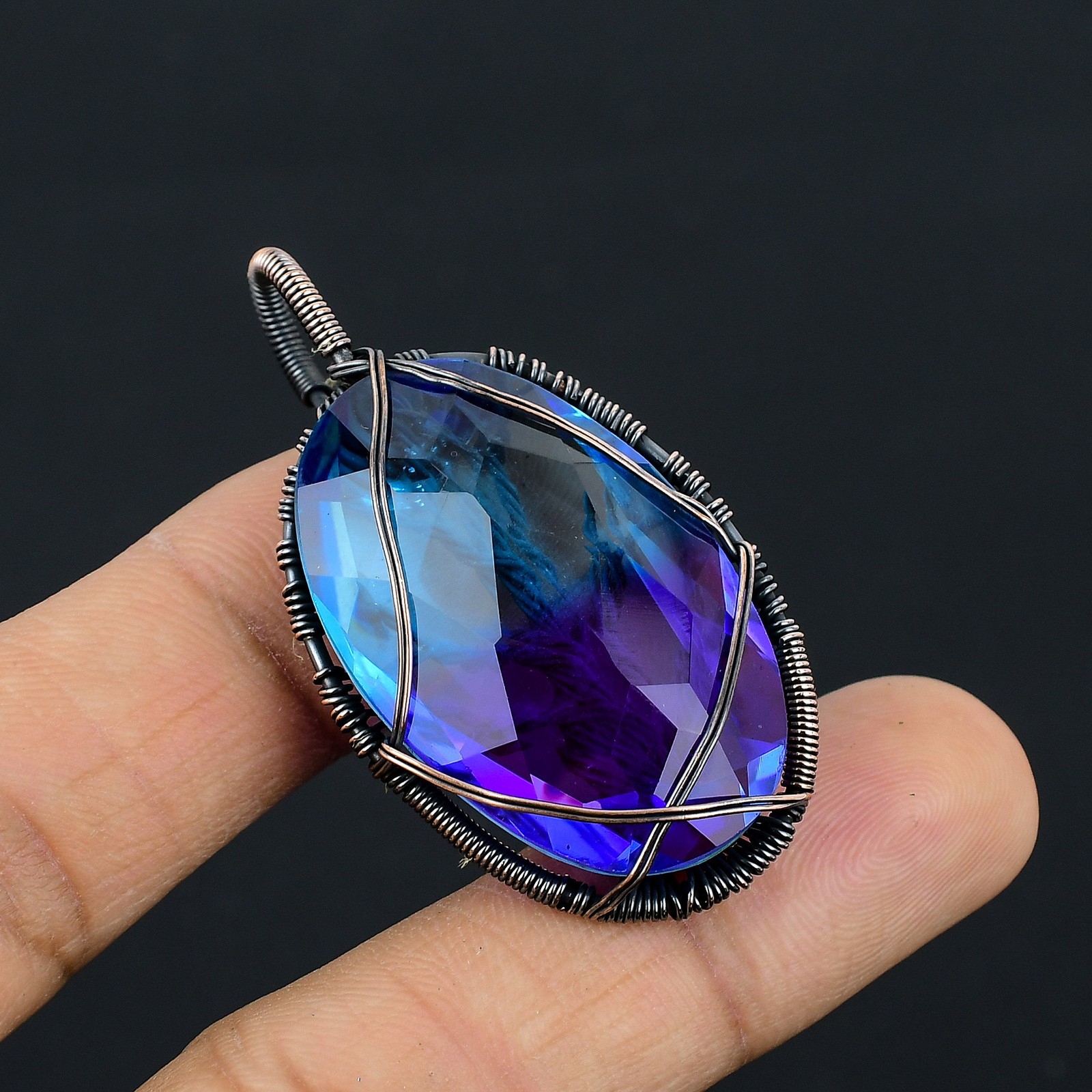 Bi Color Tourmaline Gemstone Copper Wire Wrap Jewely Pendant 2.1″ K646