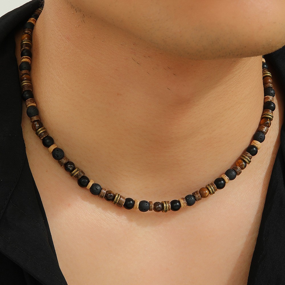 Mens Boho Necklace Tiger Eye Lava Stone Wood Beads Surfer Handmade Choker New