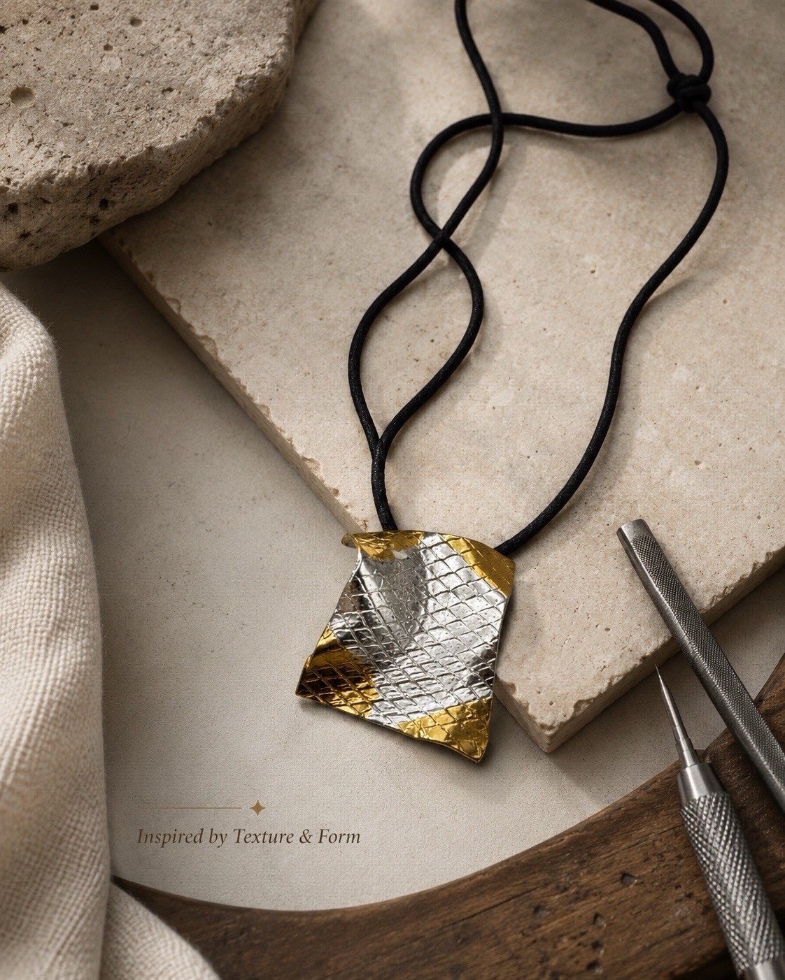 Two-Tone Textured Brass Asymmetrical Amulet Pendant Necklace Adjustable Cord