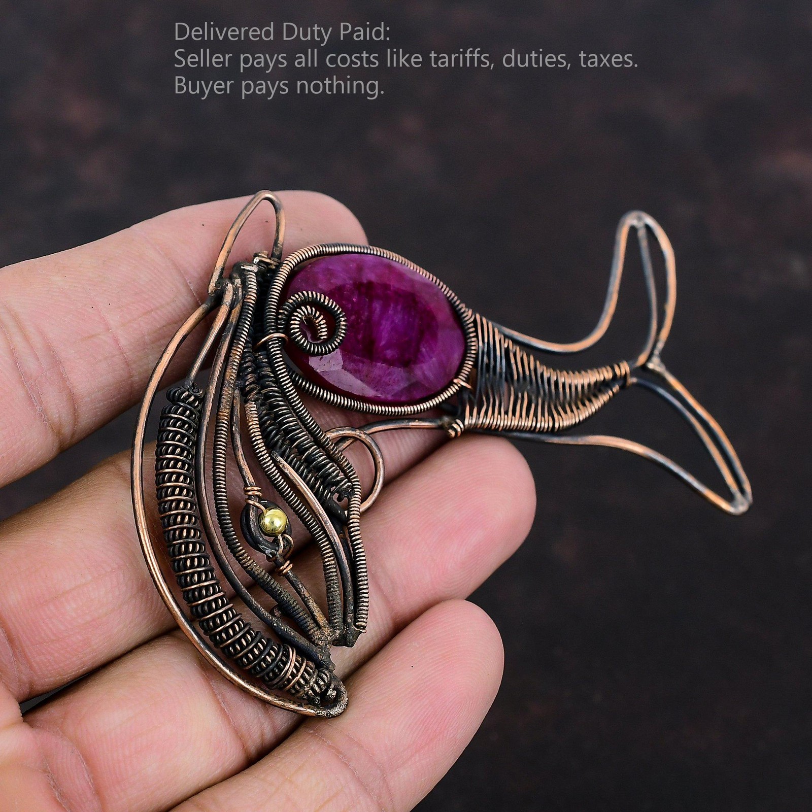 Copper Natural Kashmir Rubi Sister Wire Wrapped Fish Anniversary Pendant Jewelry