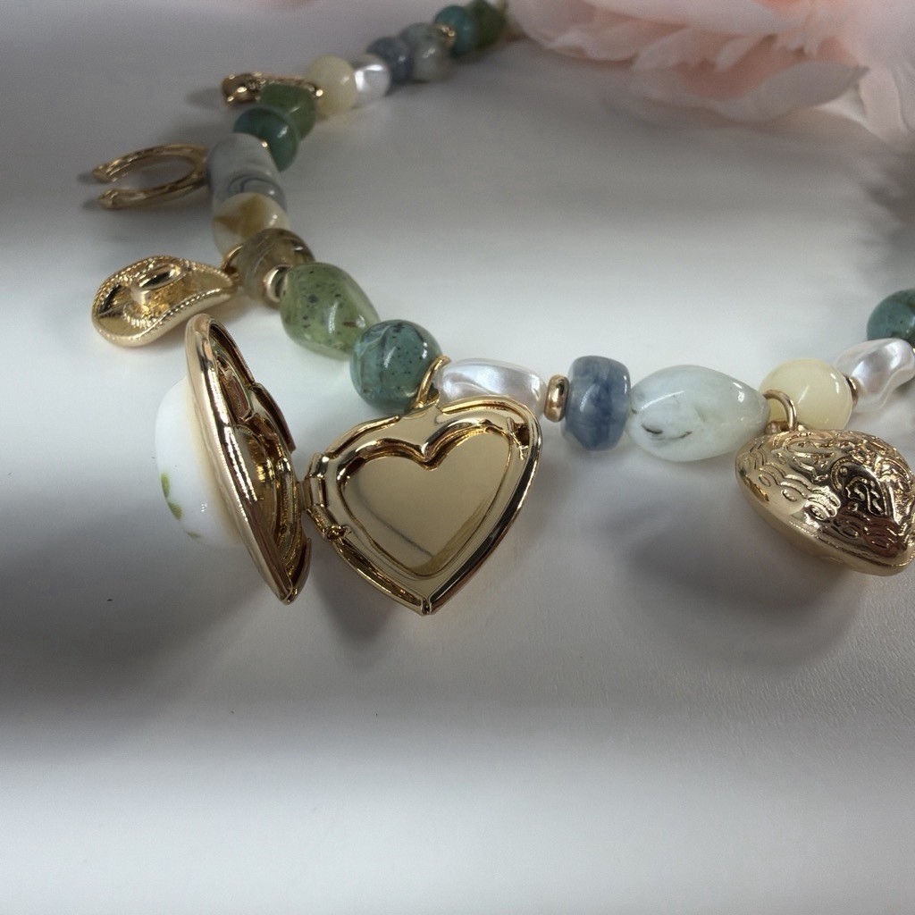 Multicolor Beaded Charm Necklace Heart Locket Pendant Butterfly Western Theme