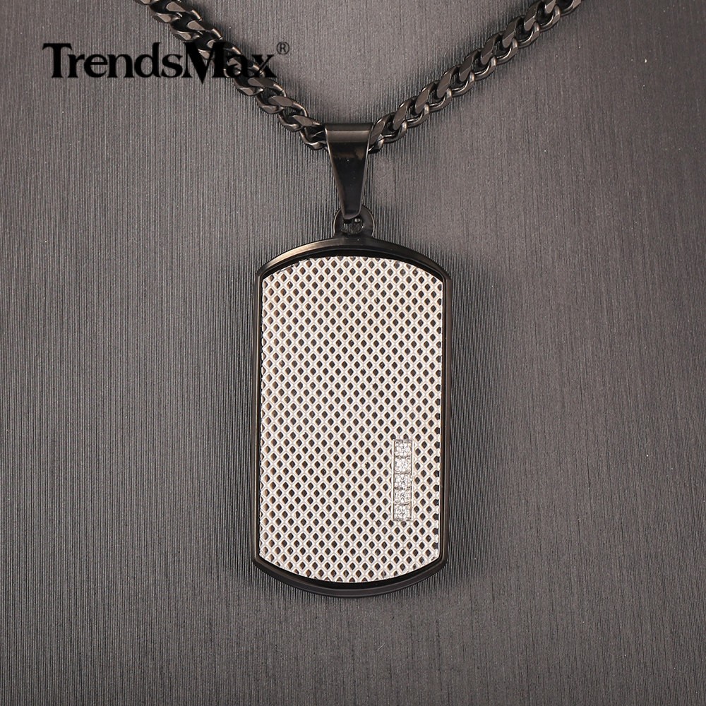 Silver Stainless Steel CZ Dog Tag Pendant Necklace Army Military Graduation Gift