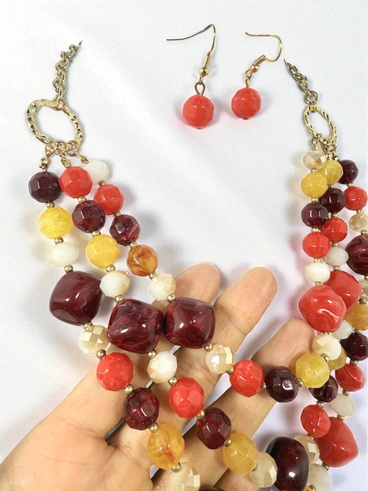Colorful Multi-Strand Acrylic Bead Necklace & Earrings Set, Retro Color Necklace