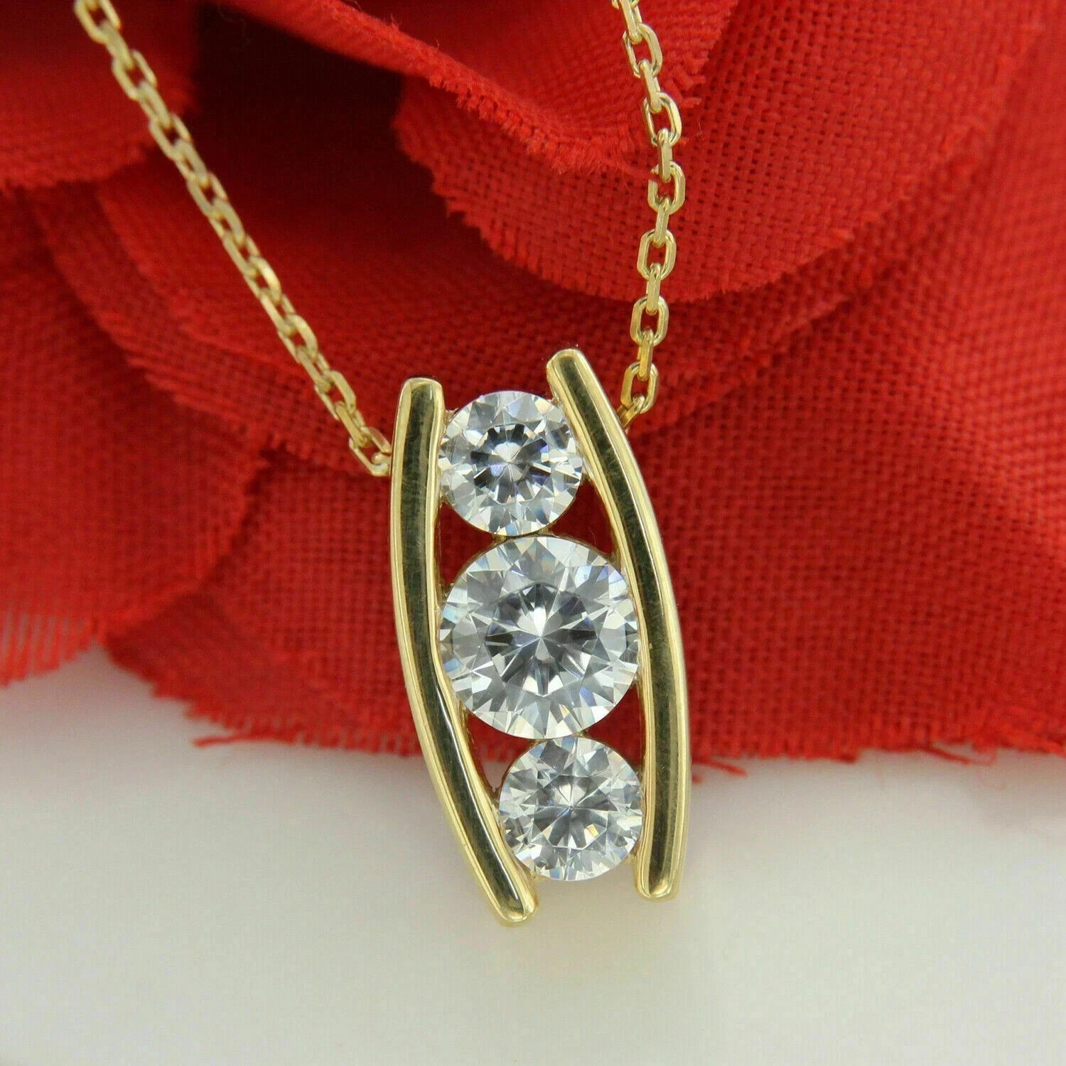 Three Stone Round 3 CT Simulated Diamond 14K Yellow Gold Plated Women Pendant