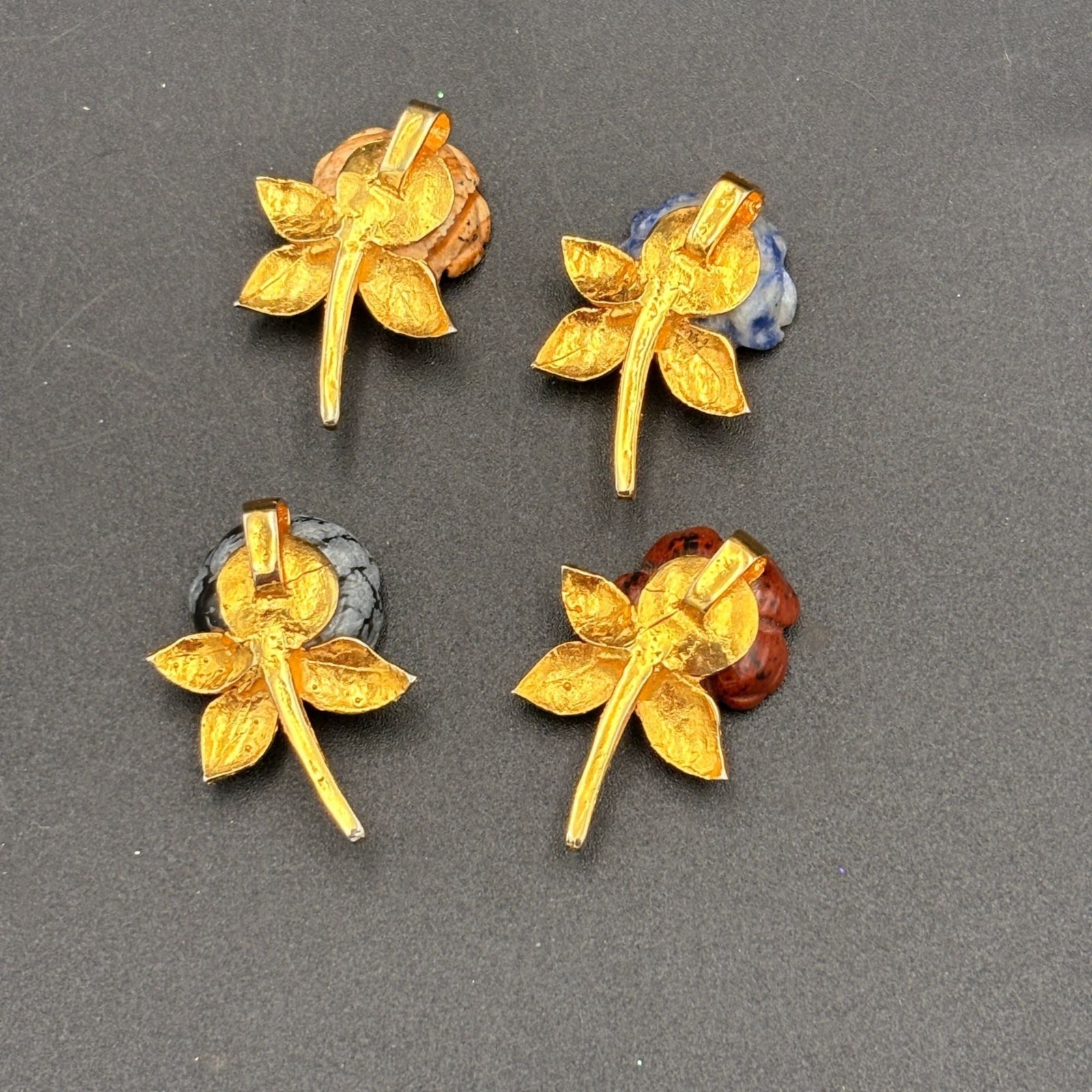 Handcrafted Stone Rose Pendants With Golden Tone Stem & Leaf Design Lot of 4