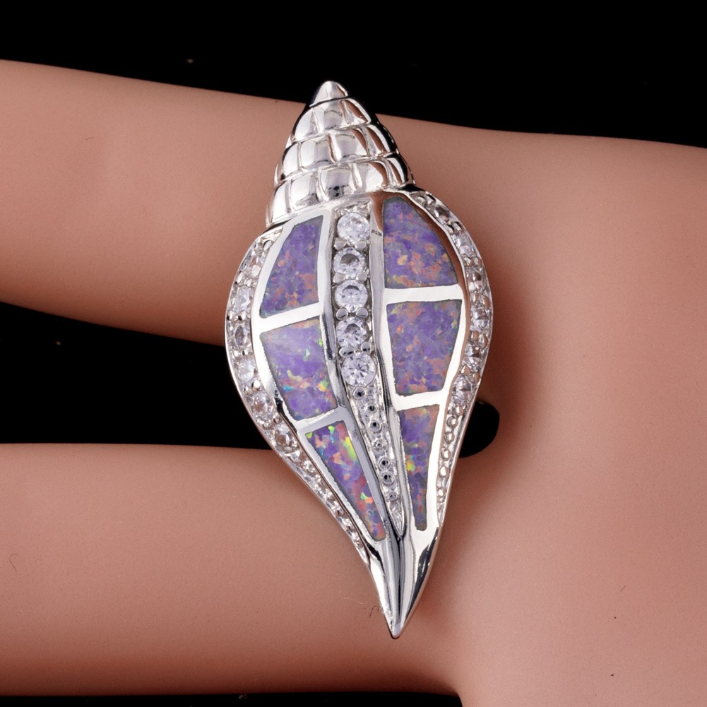 Conch Seashell Lavender Purple Fire Opal Silver Jewelry Necklace Pendant