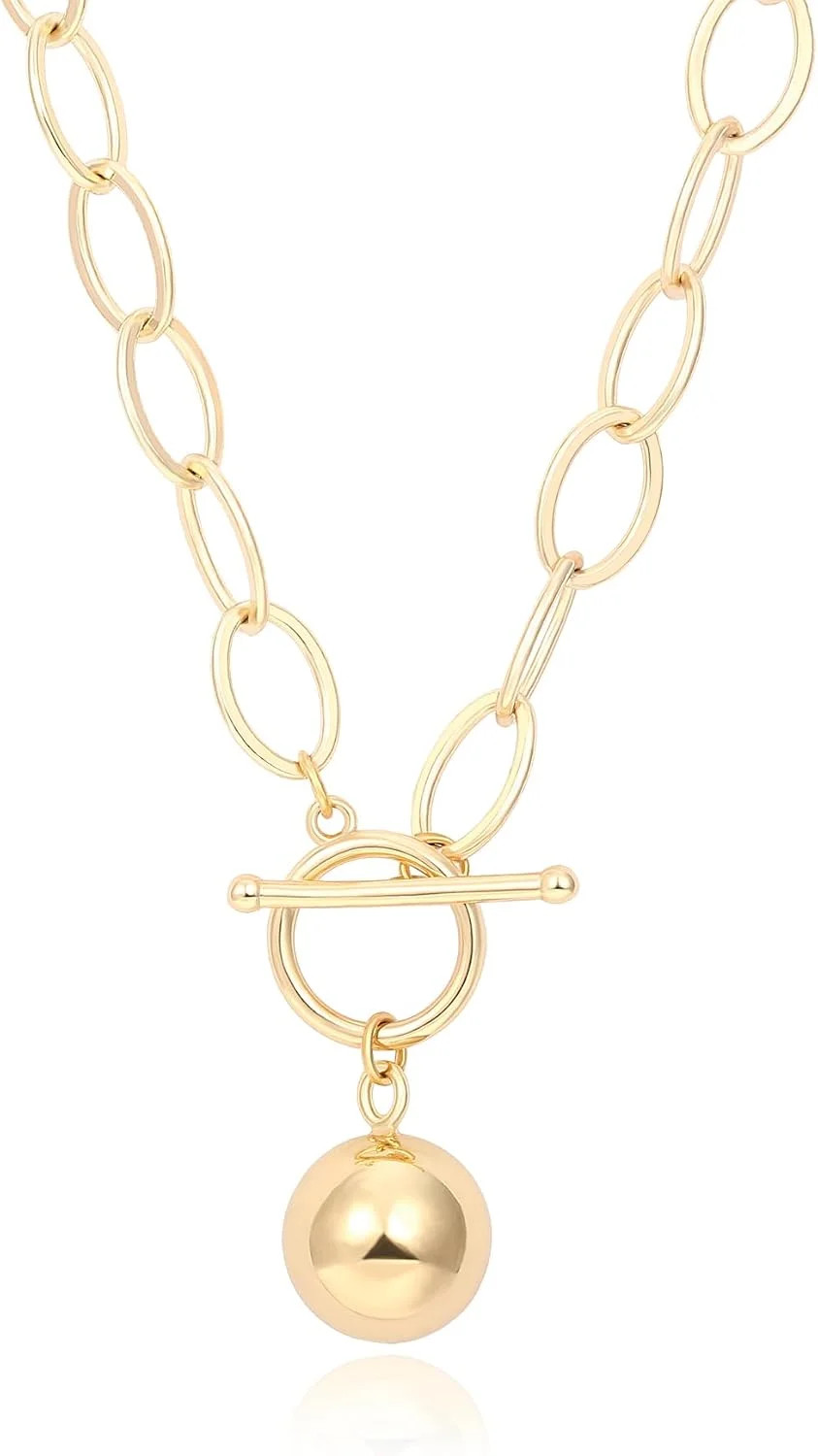 18K Gold Plated Chunky Chain Necklace for Women Harmony Ball Pendant Toggle Clas