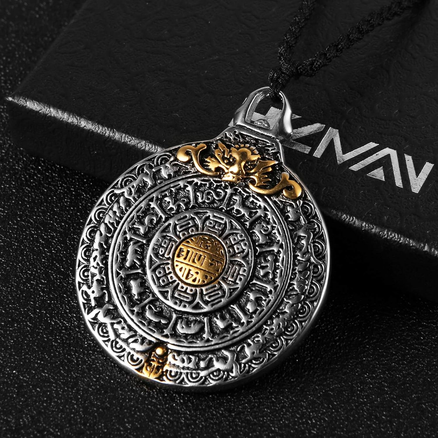 Tibetan Om Amulet Necklace Bagua I Ching Zodiac Dragon Stainless Steel Pendant