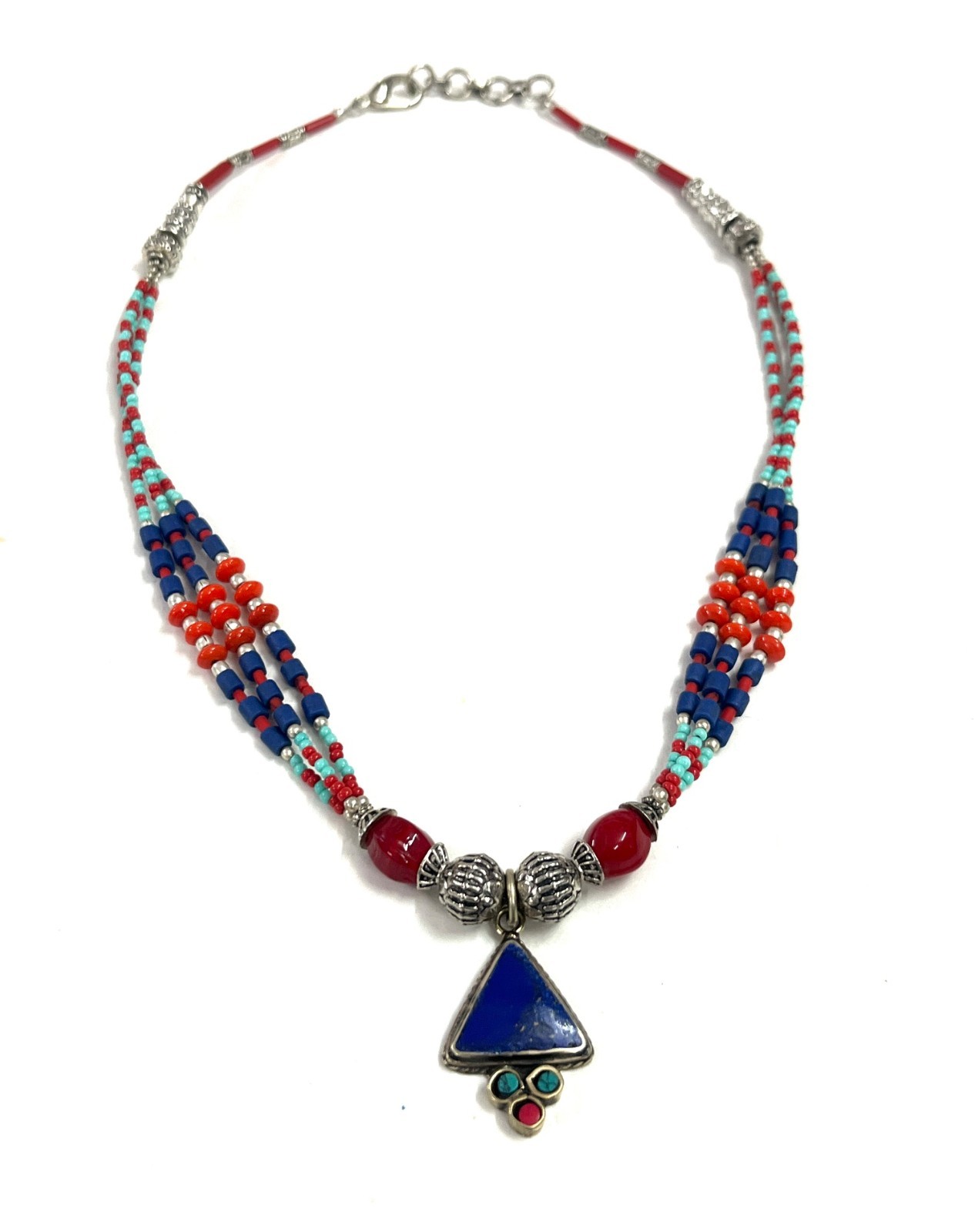 Antique Lapis Red Coral Gemstone Tibetan Bohemian Necklace Jewelry, 18 inch Adju