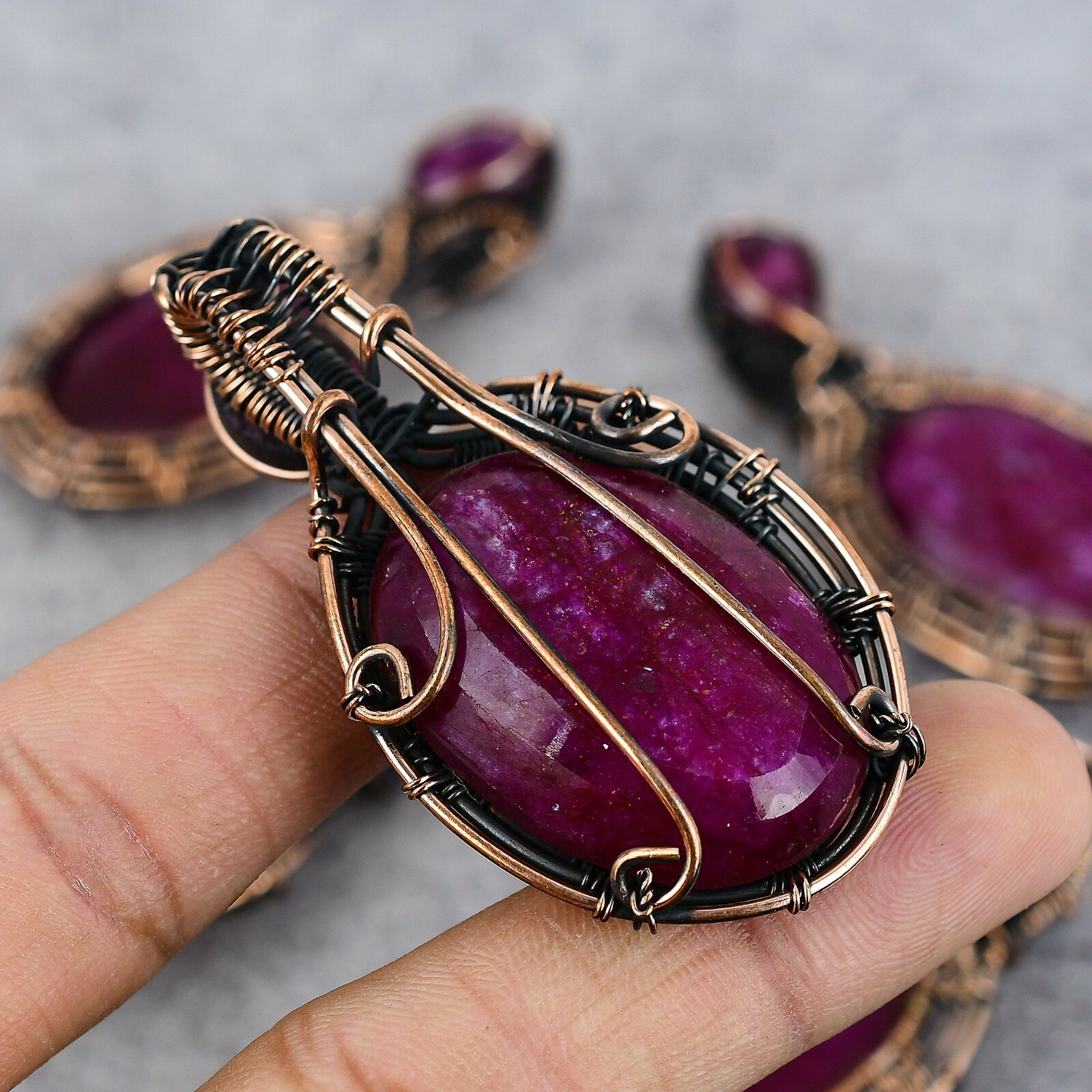 Simulated Kashmir Red Ruby Gemstone Copper Wire Wrap Handmade Pendant Jewelry
