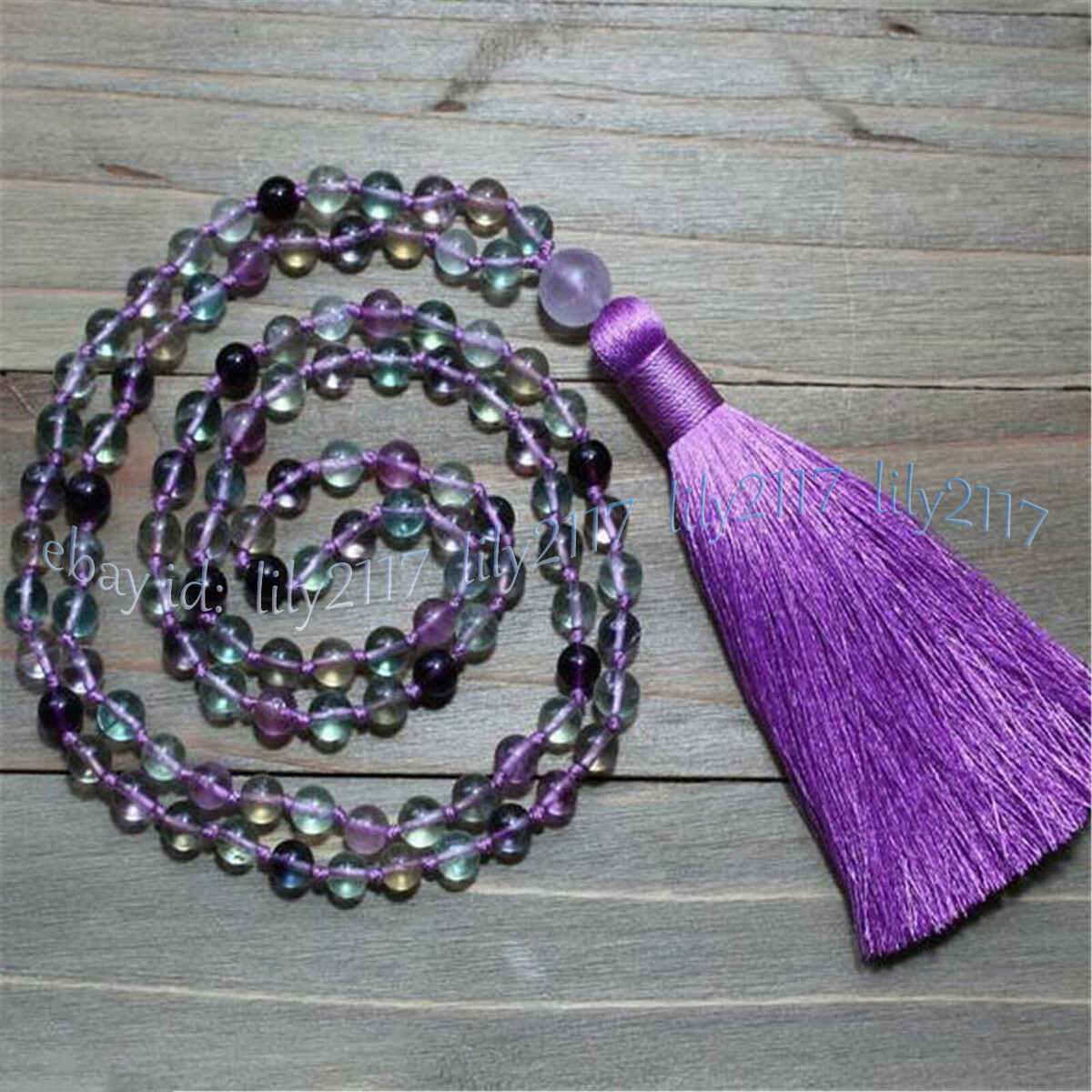 6/8/10mm Natural Rainbow Fluorite Round Gems 108 Prayer Beads Tassel Necklace