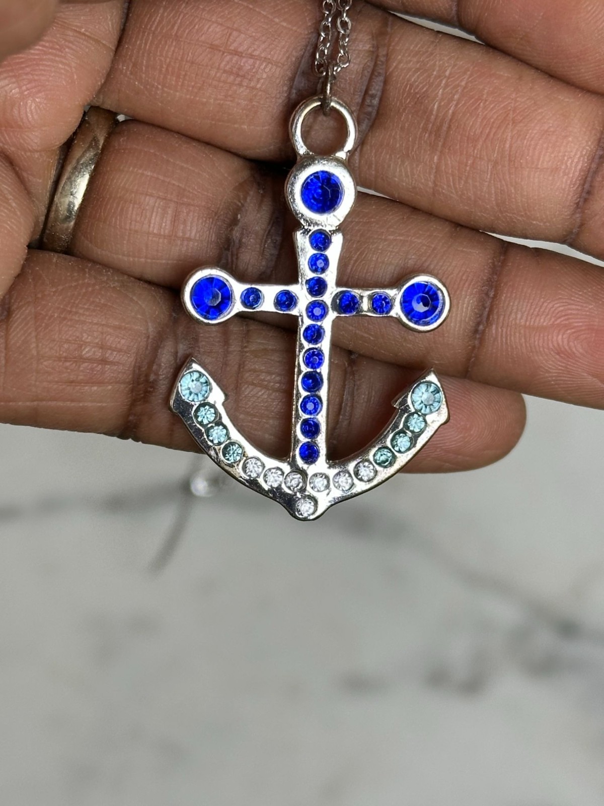 Blue Rhinestone Anchor Pendant Necklace Silver Tone Nautical Coastal Jewelry