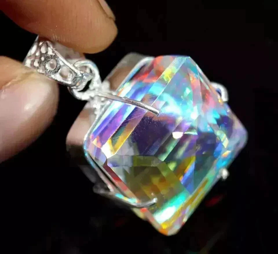 60 CT+ Flawless Rainbow Fire Mystic Topaz Pendant 925 Sterling Silver Plated