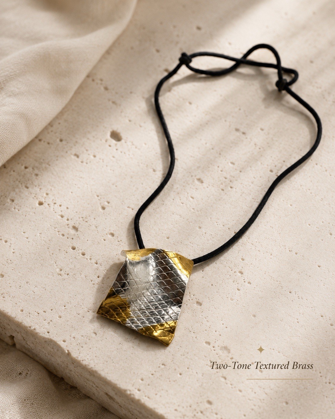Two-Tone Textured Brass Asymmetrical Amulet Pendant Necklace Adjustable Cord