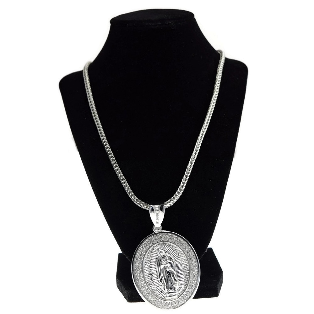 Virgin Mary Iced Simulated CZ Virgen De Guadalupe Silver Tone Franco Chain 36″