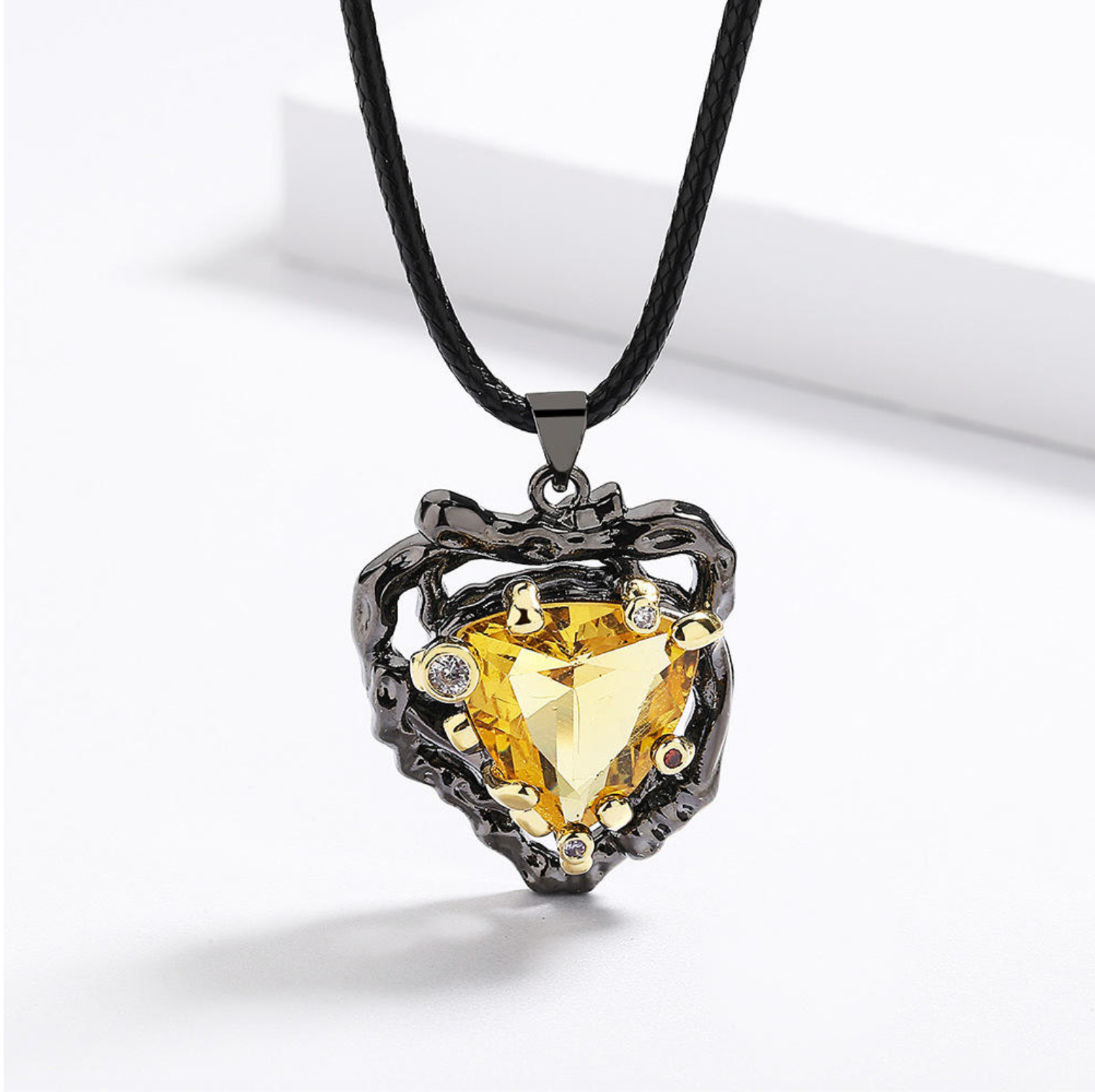 Yellow Cubic Zirconia Pendant Necklace Trillion Cut Black Gothic Halo Style