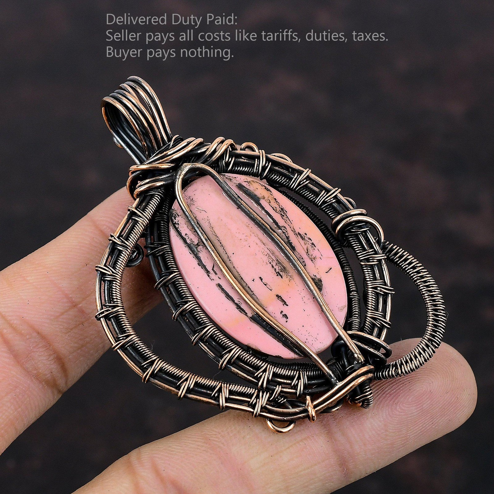 Copper pink Opal Stone Ethnic Engagement Wire Wrapped Trendy Anniversary Pendant