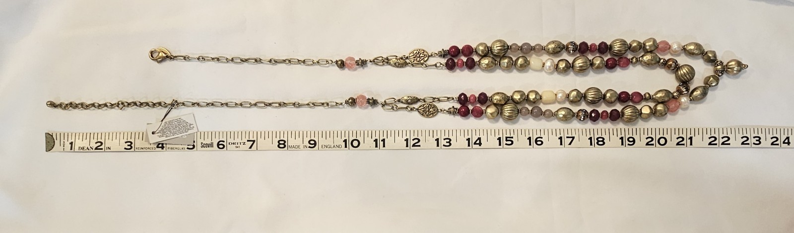 Chicos Long Double Strand Gold & Raspberry Colored Lucite & Glass Beads NWT