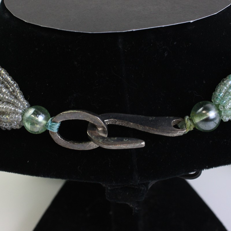 Green and Colorless Glass Multi-Strand Beaded Necklace Hook and Eye Closure 32″