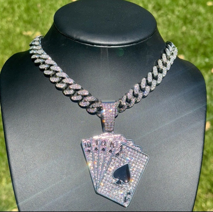 Royal Flush Pendant / Iced out Cuban Link Chain Necklace White Gold Plated