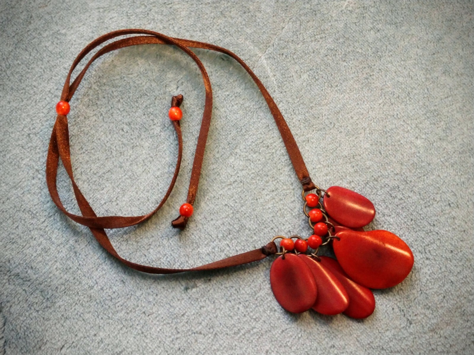 Voguish & Hot Red Wavy Ovals and Beads with Brown Cord Strand Necklace ~ Choker