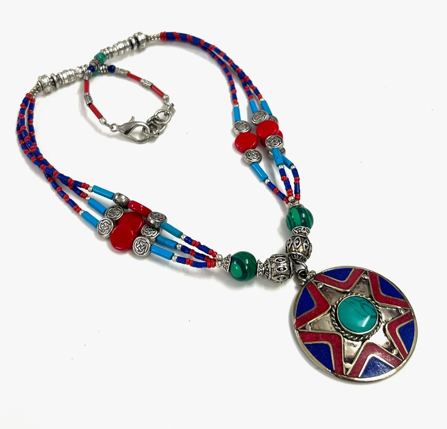 Handcrafted Lapis Coral Gemstone Tibetan Boho Necklace Jewelry, 16 Inch Adjs