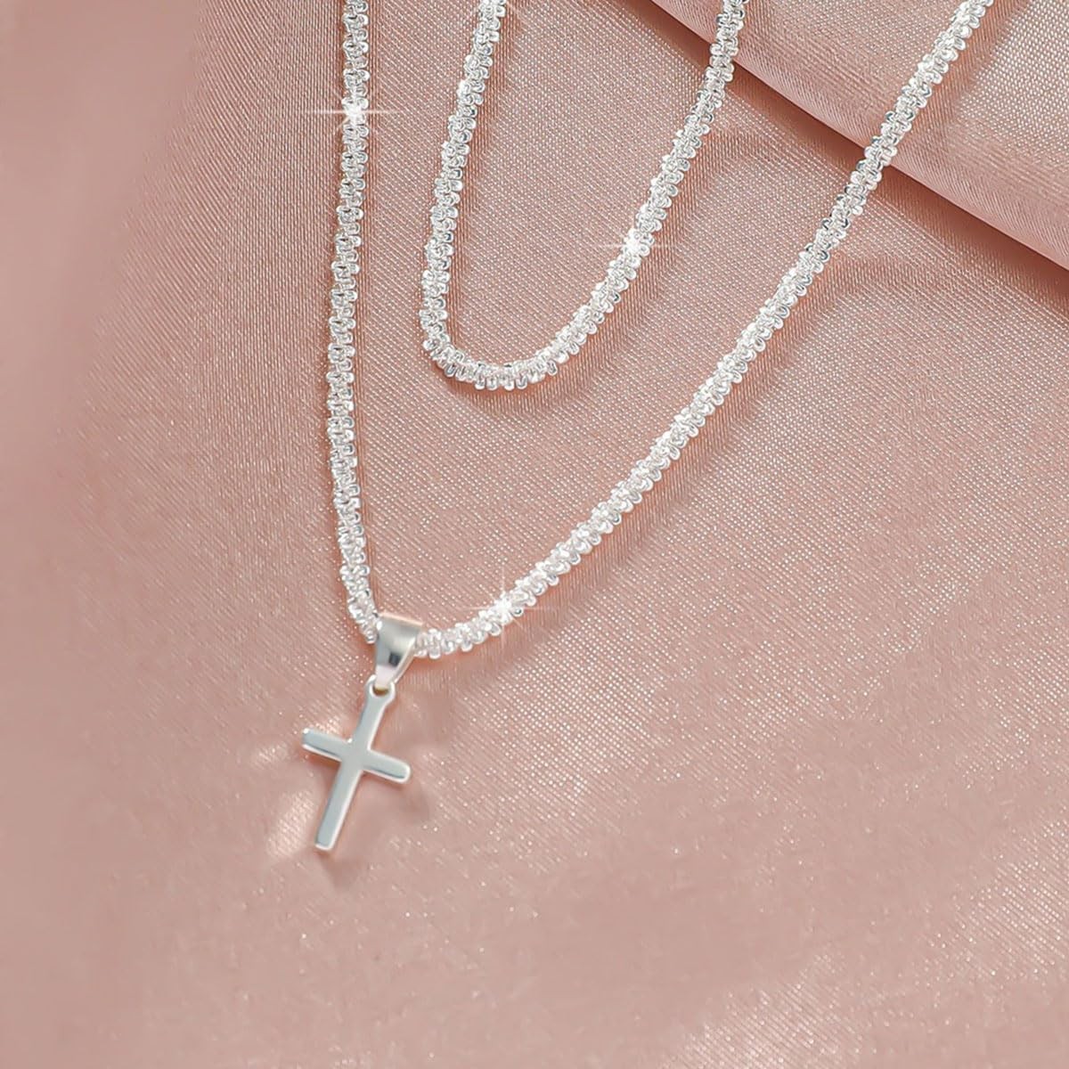 Layered 925 Sterling Siver Cross Charm Pendant Necklace Set for Women Silver