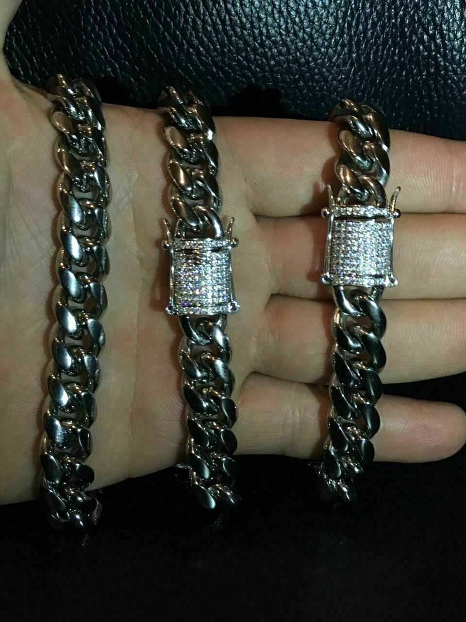 Cuban Miami Silver Bracelet & Chain Set Stainless Steel 925 Simulated Diamond