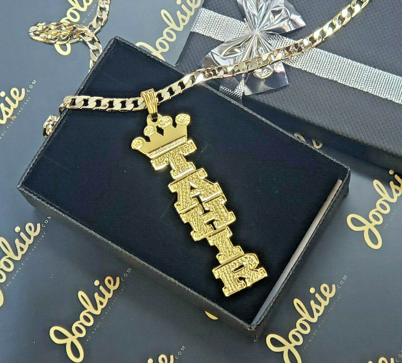 ITALIC 14K GOLD PLATED VERTICAL W/ ROELX CROWN NAME PLATE NECKLACE UNISEX