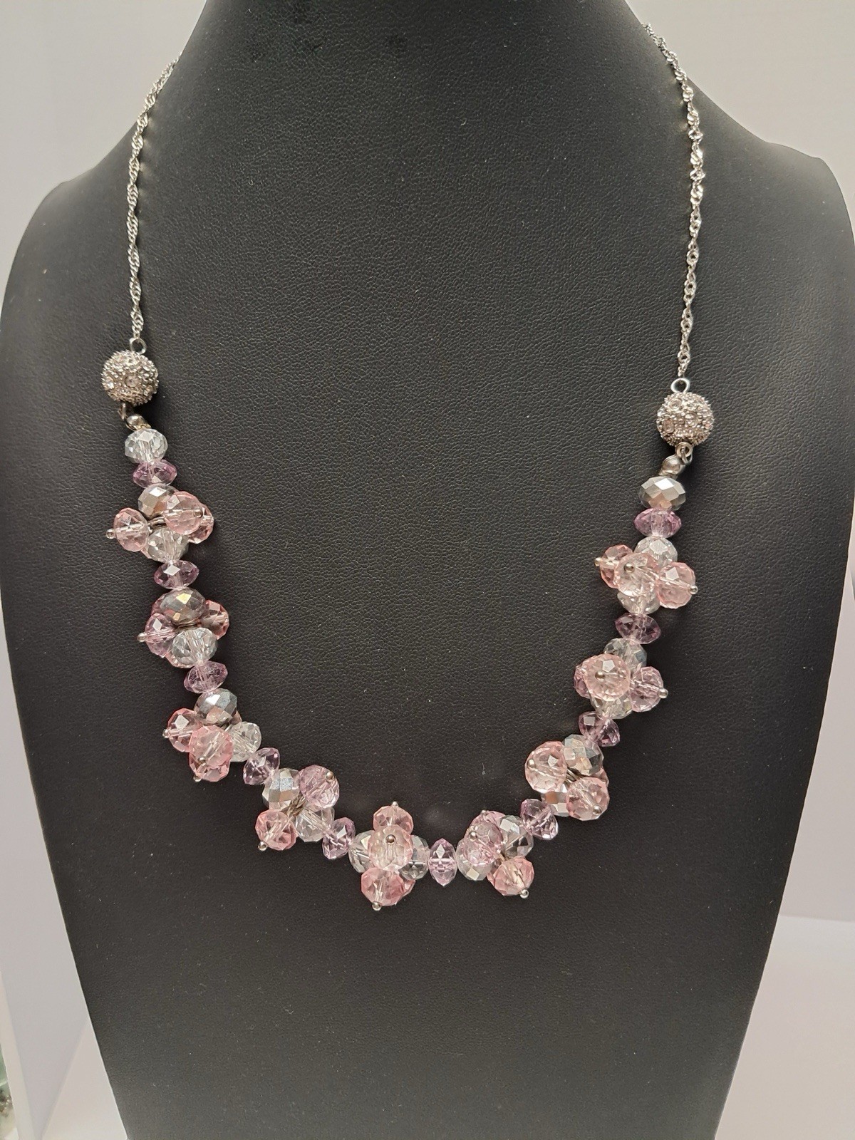 Signed NY Pink Crystal Beaded Statement Necklace Silver Tone Adjustable