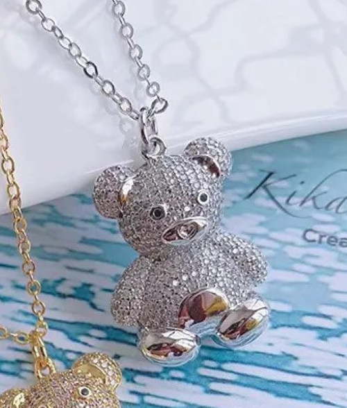 Beautiful Silver Teddy Bear Crystal Necklace, Bling, Cute for Wife, Daughter