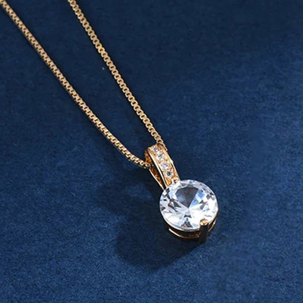 Luxury Gold Tone Sparkling Round CZ Solitaire Crystal Pendant Box Chain Necklace