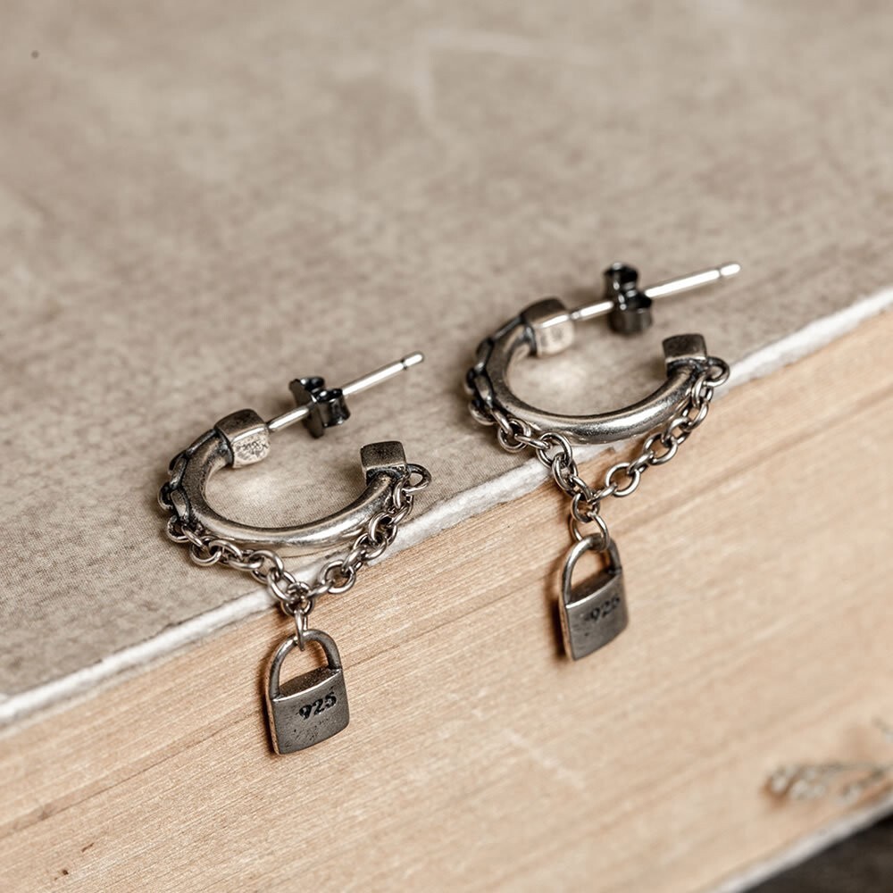 C-shape Small Hoop w/ Chain Lock Drop Post Earrings Gothic 925 Sterling Silver