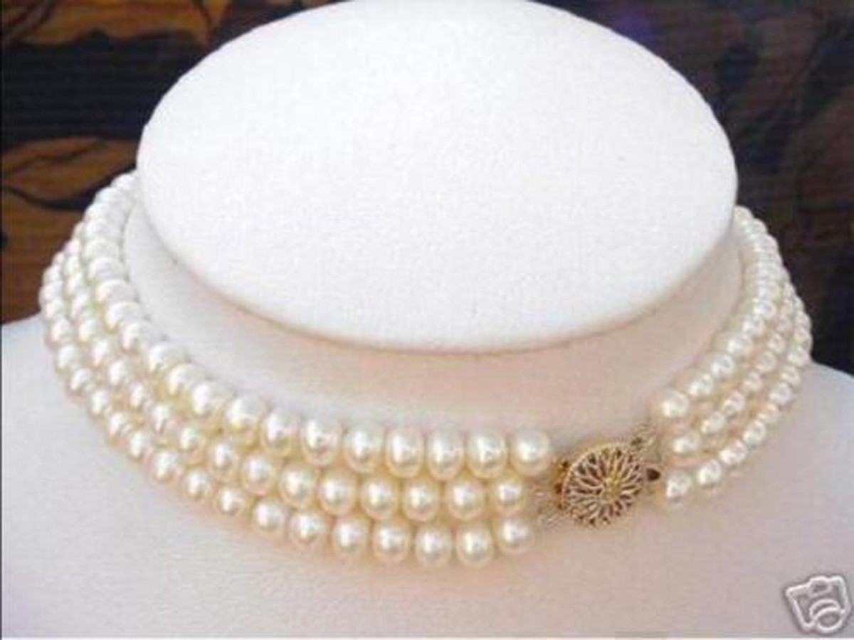3 Rows 8-9mm Genuine Natural White Akoya Cultured Pearl Choker Necklace 17″