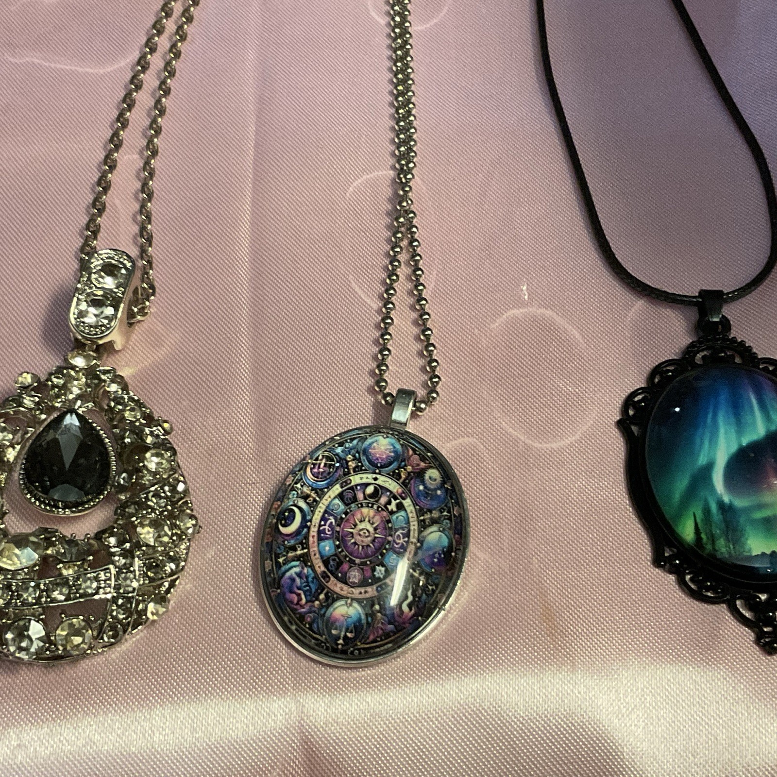 Lot of 3 Silver Tone Pendant Charm Necklaces Crystal Teardrop Black Cord
